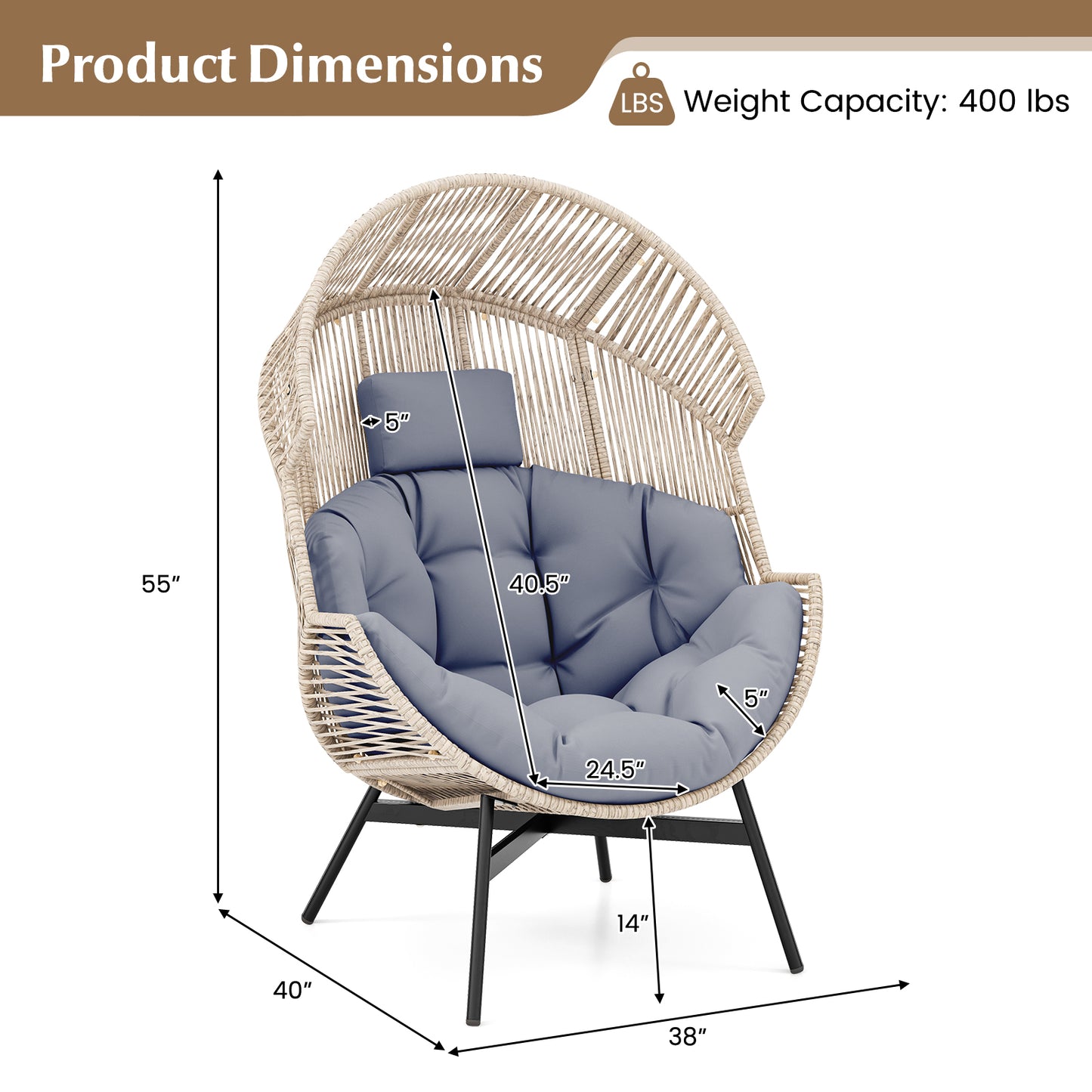 Oversized Wicker Egg Chair with Cushions and Headrest