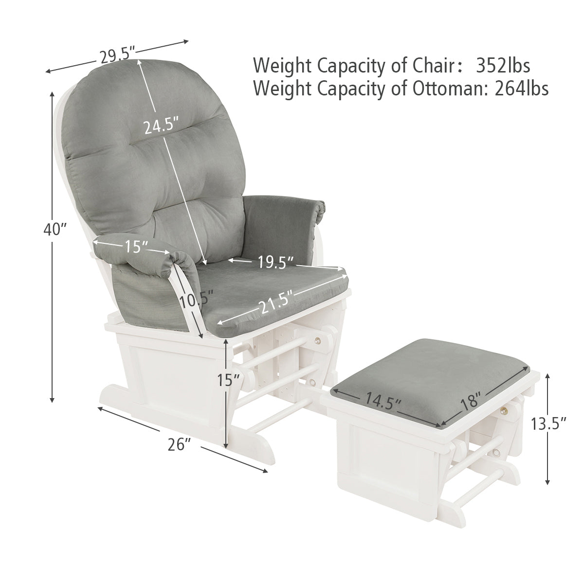 Nursery Glider and Ottoman Set with Padded Armrests