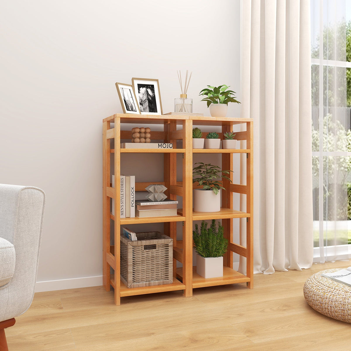 4-Tier Bookshelf Rubber Wood Bookcase with Side Fences for Living Room