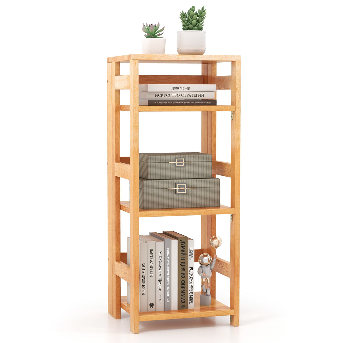 4-Tier Bookshelf Rubber Wood Bookcase with Side Fences for Living Room
