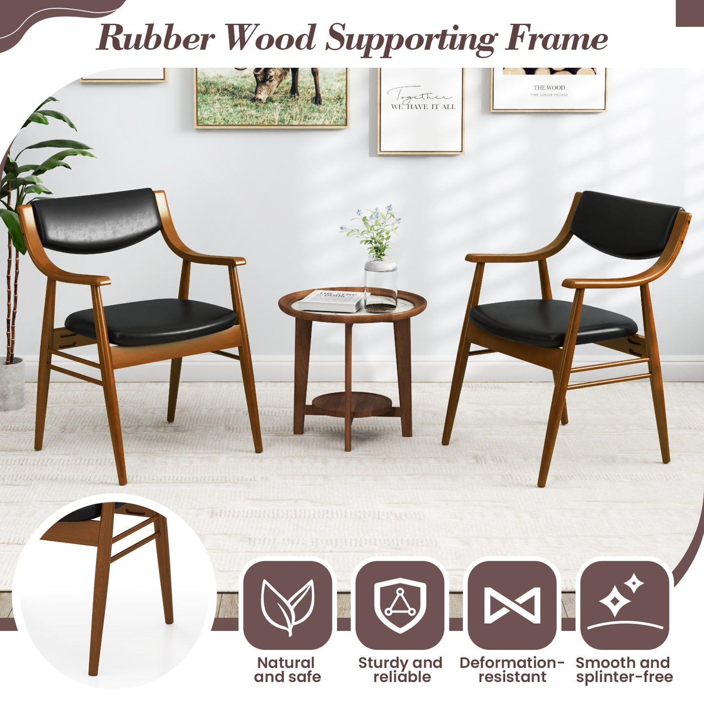 Padded Dining Chairs Set of 2 with Armrests and Wooden Frame