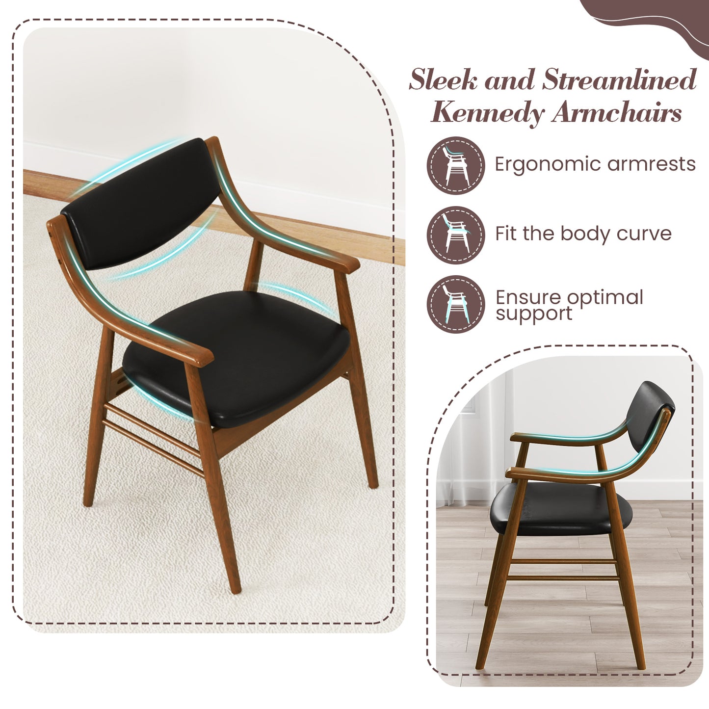 Padded Dining Chairs Set of 2 with Armrests and Wooden Frame