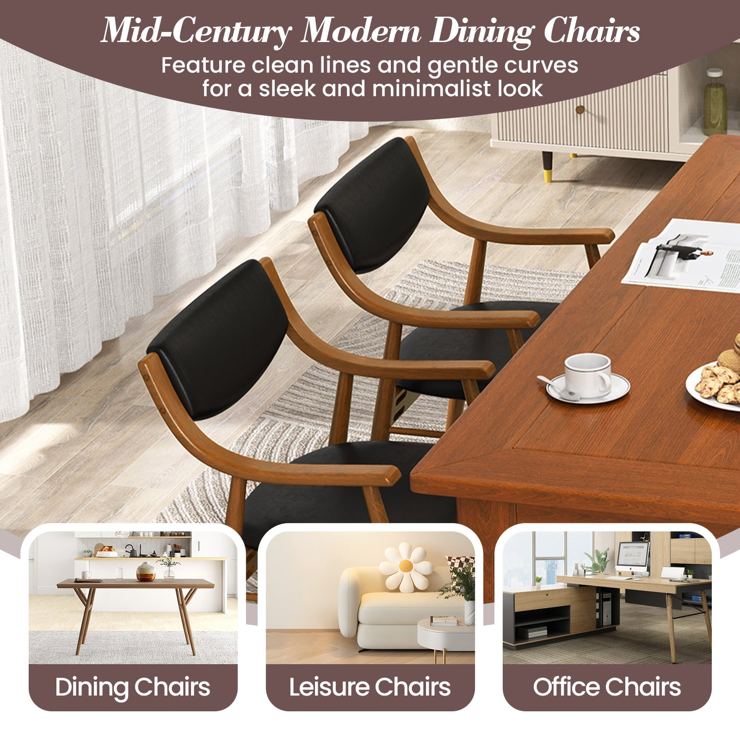Padded Dining Chairs Set of 2 with Armrests and Wooden Frame