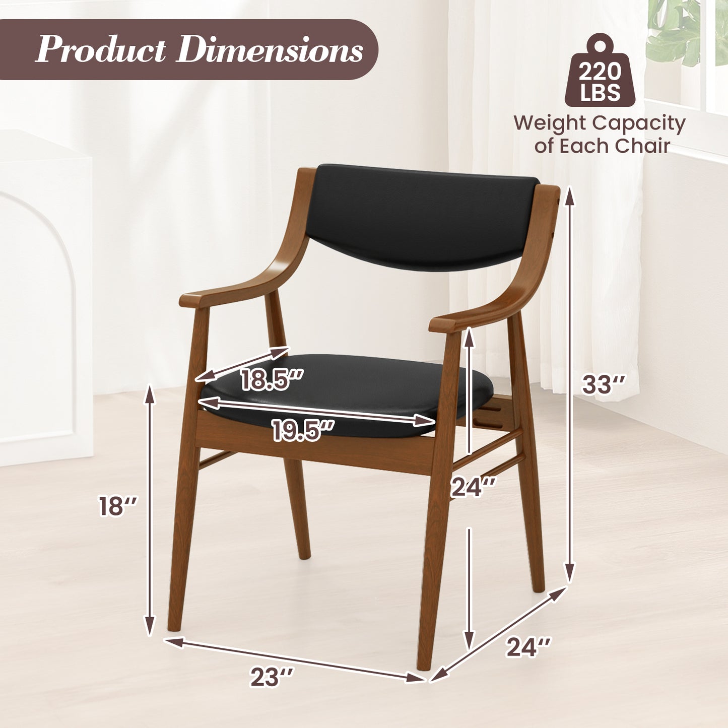 Padded Dining Chairs Set of 2 with Armrests and Wooden Frame
