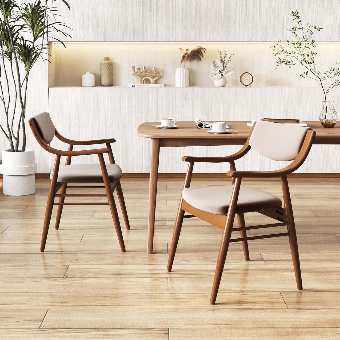 Padded Dining Chairs Set of 2 with Armrests and Wooden Frame