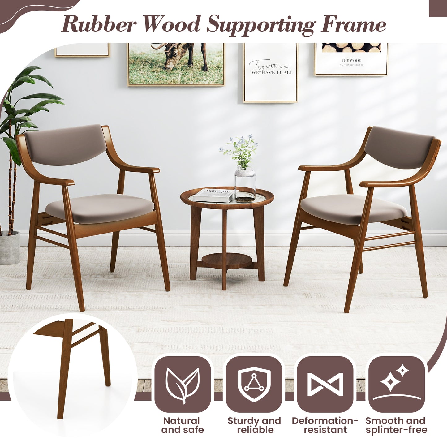 Padded Dining Chairs Set of 2 with Armrests and Wooden Frame