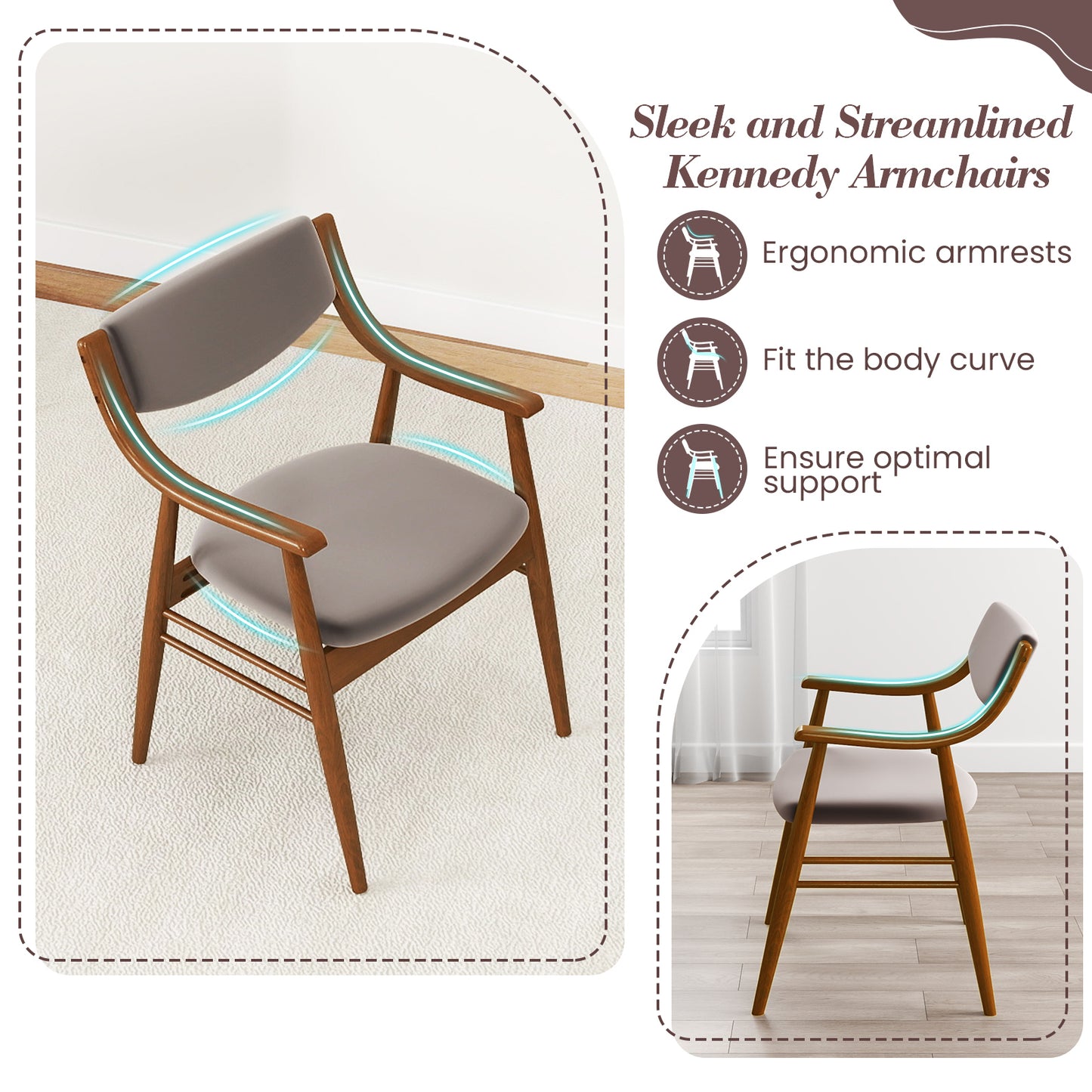 Padded Dining Chairs Set of 2 with Armrests and Wooden Frame