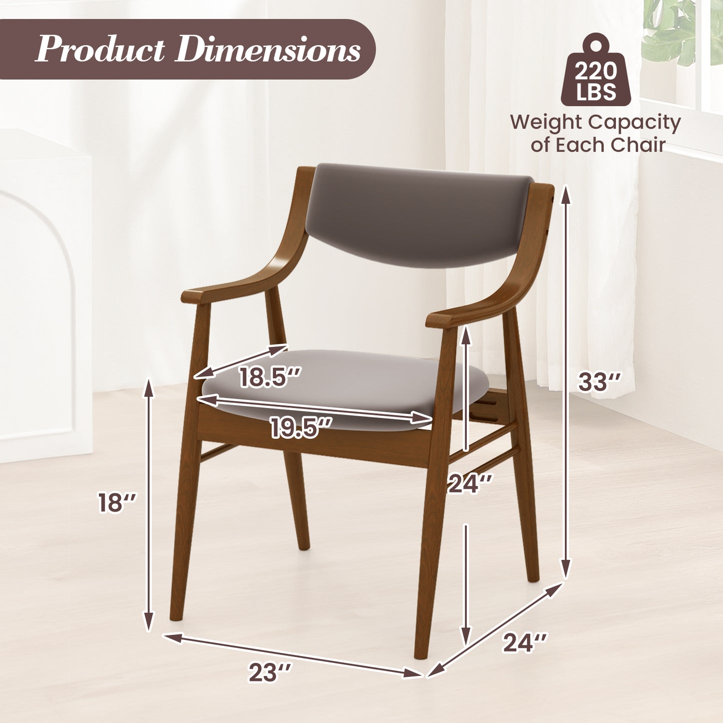 Padded Dining Chairs Set of 2 with Armrests and Wooden Frame