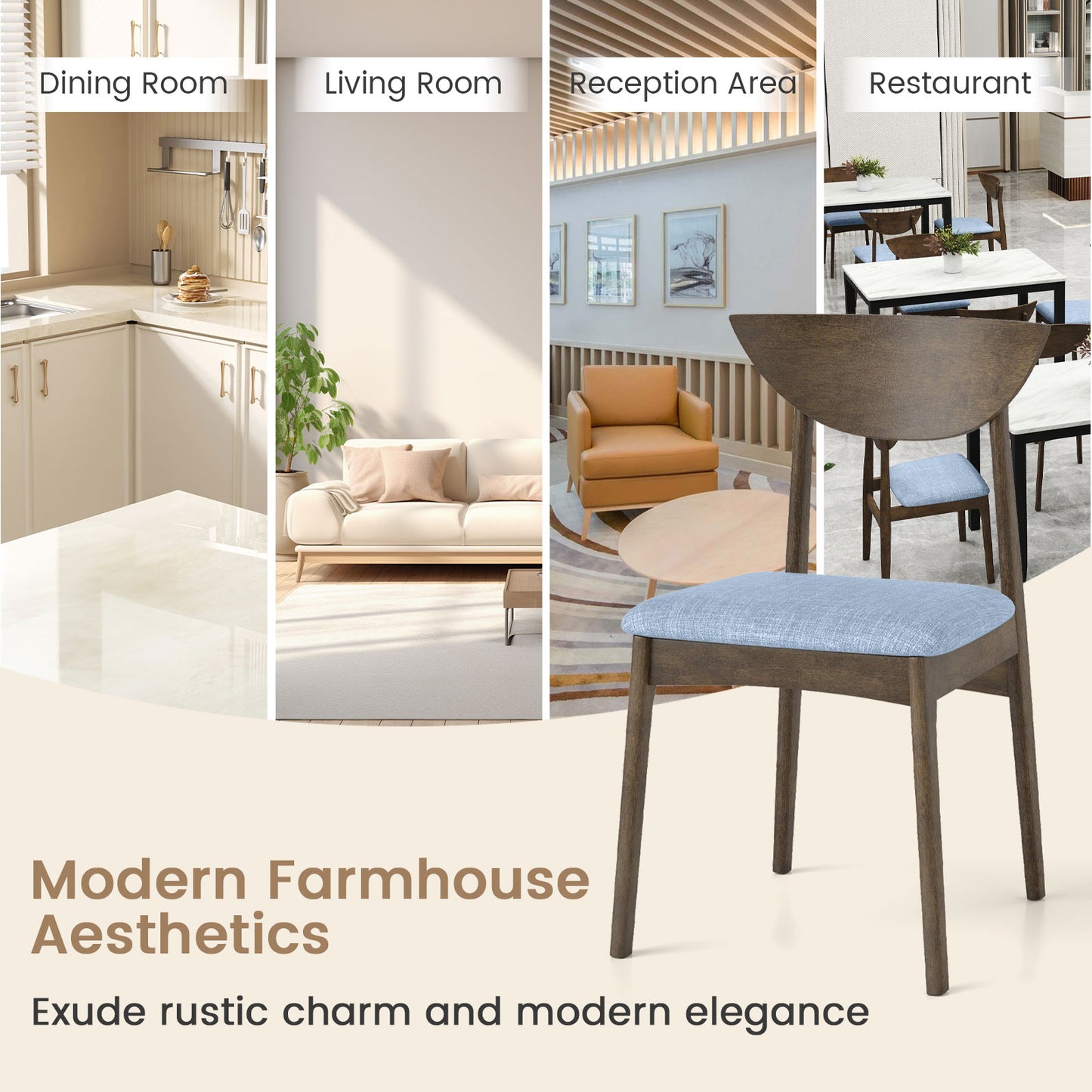 Dining Chairs Set of 2 with Rubber Wood Legs and Cushioned Seats