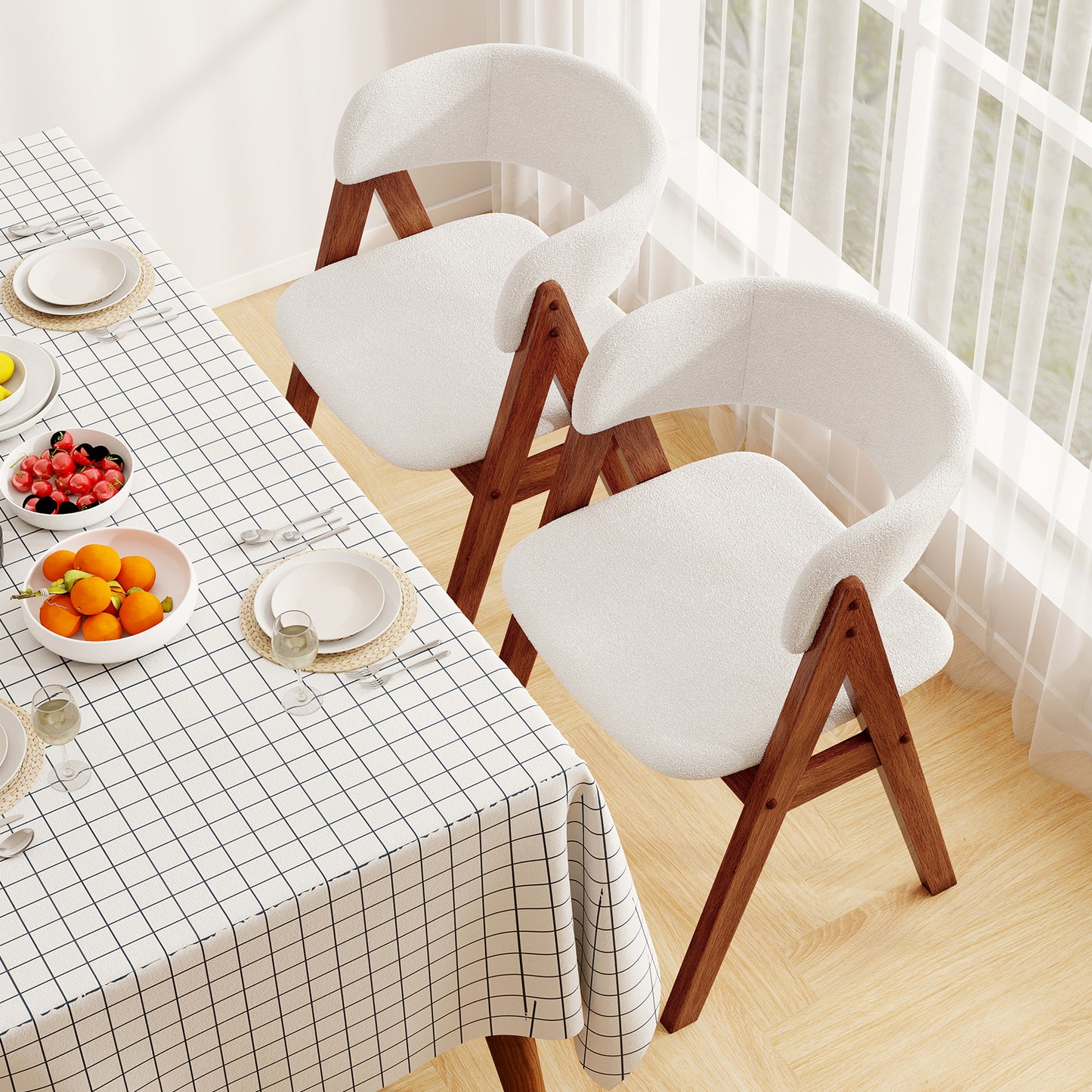 Mid-Century Dining Chairs Set of 4 with Sherpa Upholstery