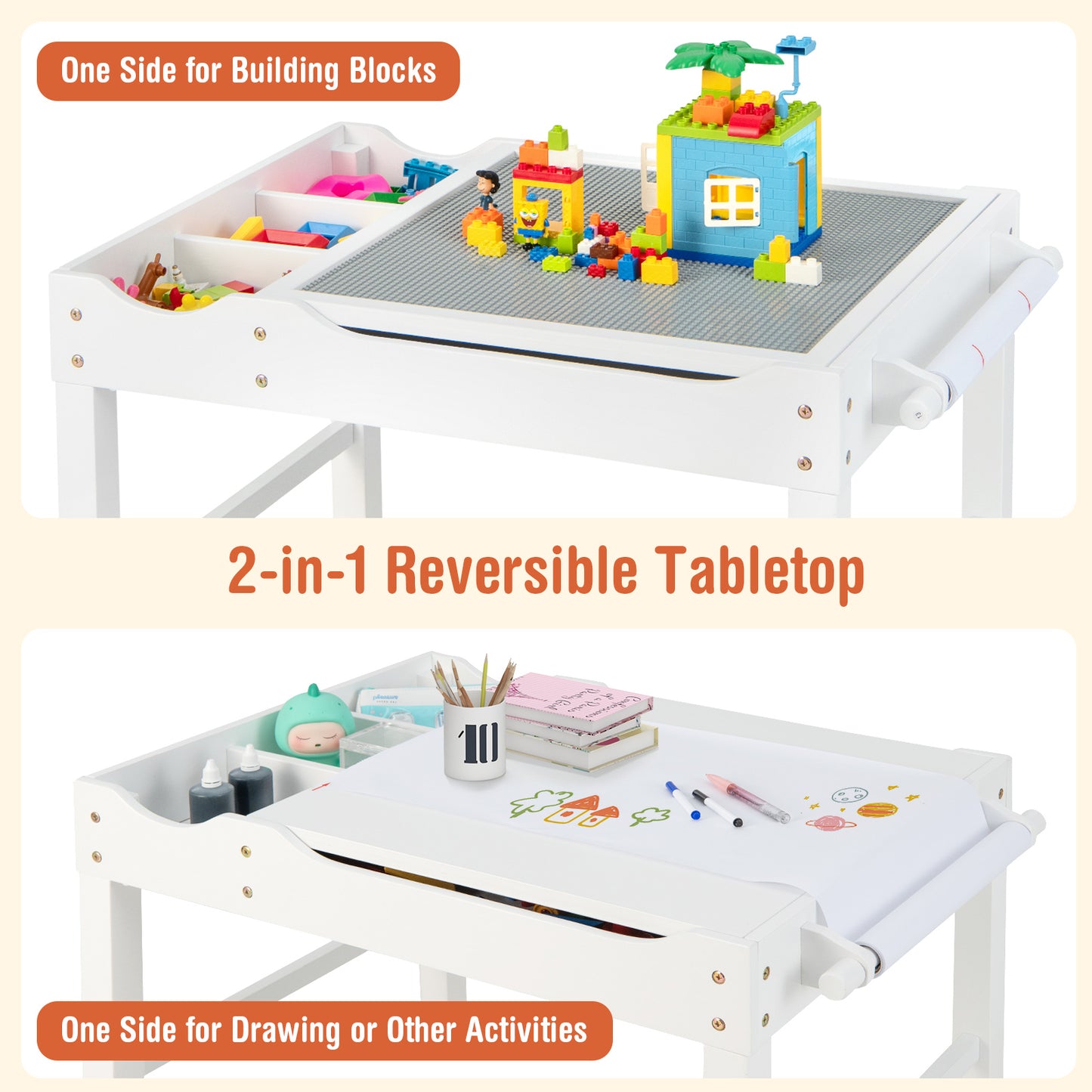 Kids Multi-Activity Play Table with Storage & Paper Roll