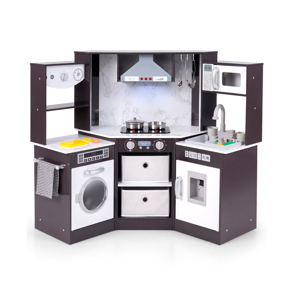 Wooden Kids Play Kitchen Playset with Realistic Lights and Sounds