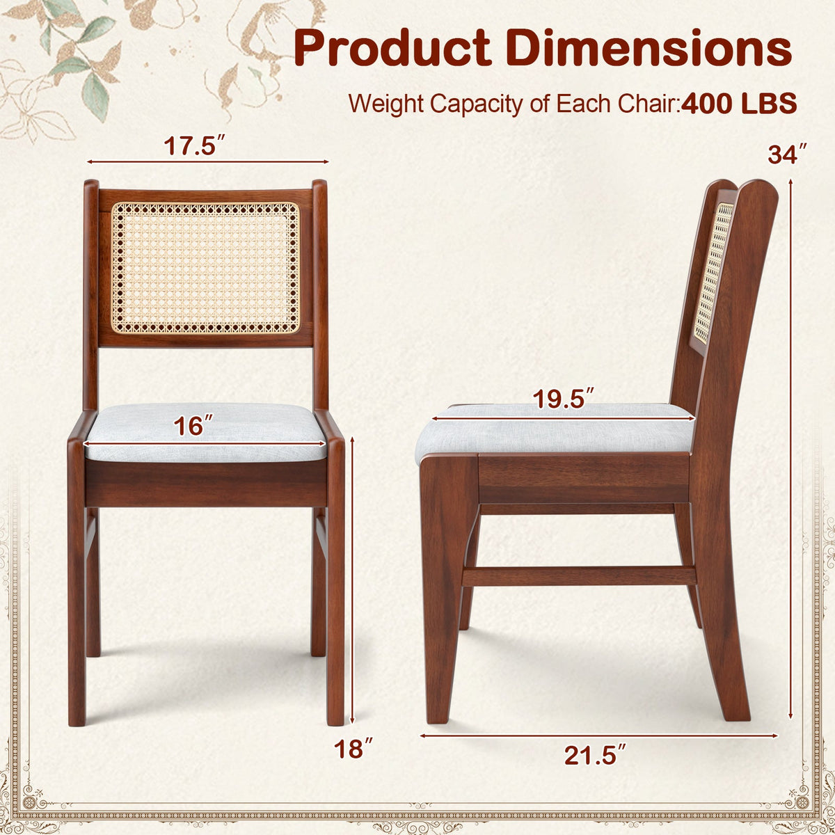 Wooden Kitchen Chairs with Cane Back Rubber Wood Frame and Padded Seat-Coffee