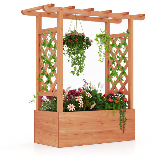 Wooden Raised Garden Bed Elevated Planter Box with Trellis and Hanging Roof