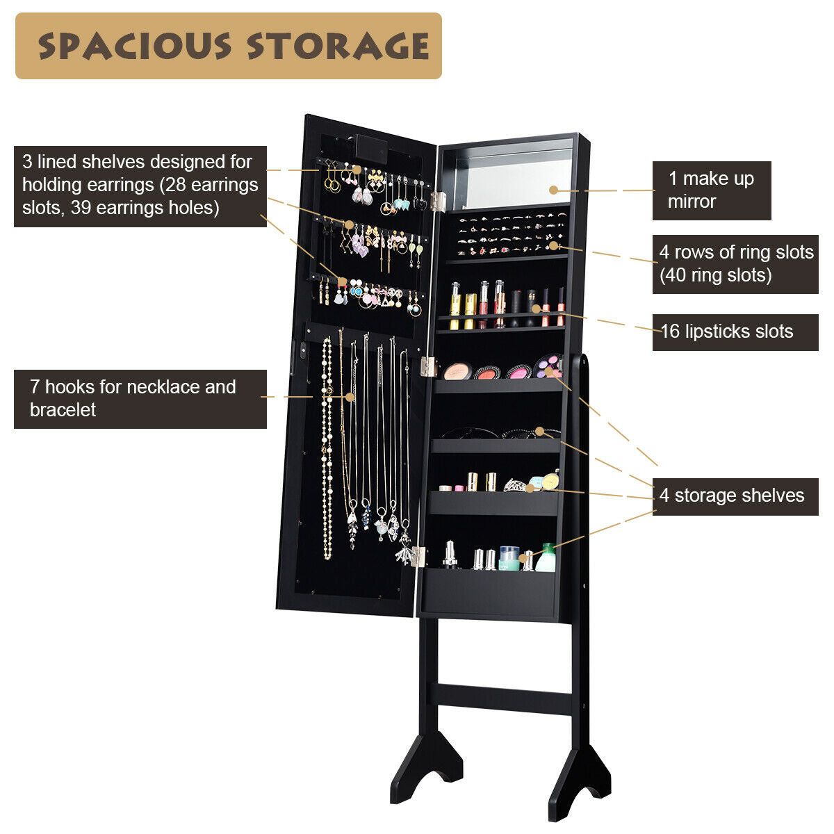 Mirrored Jewelry Armoire with LED Lights